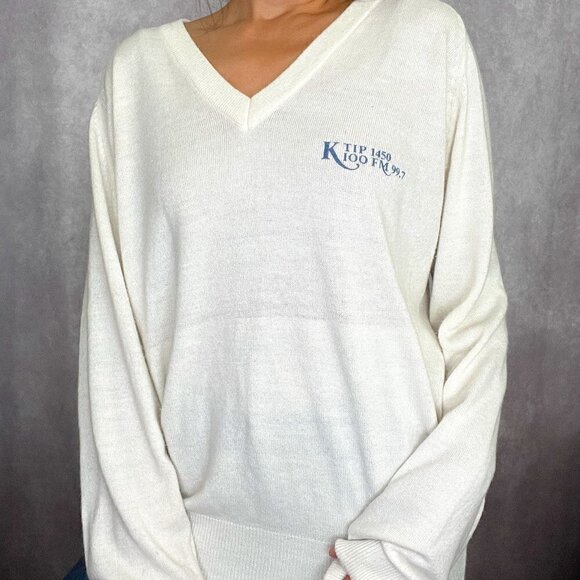 Vintage Sweaters - Vintage KTIP Radio Station Vneck Sweater White Tour Touch Collection Womens XL